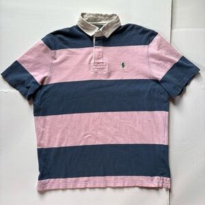 Ralph Lauren Men's Rugby Pink and Blue Striped Polo Shirt